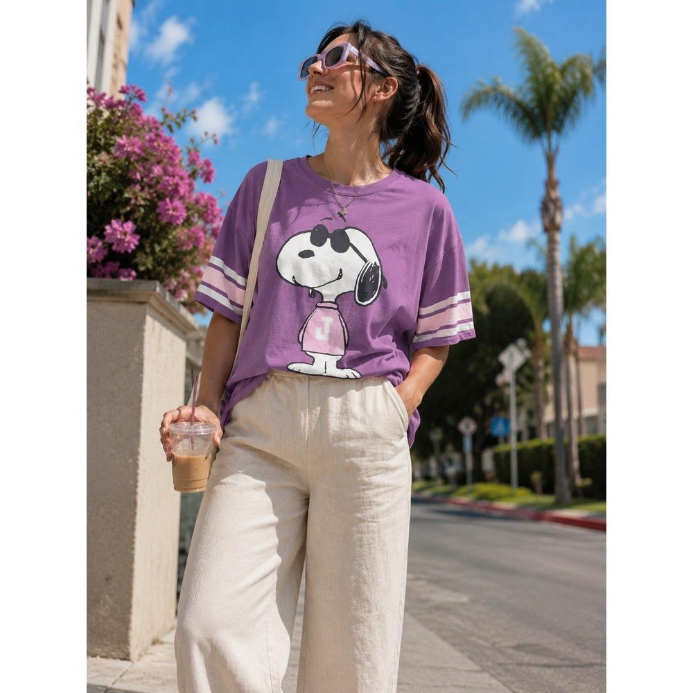 Peanuts Snoopy Graphic Tee Women 2X Purple Pink Varsity Shirt Cartoon Nostalgia - Picture 2 of 7